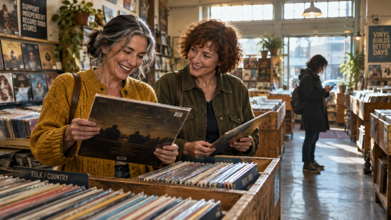 Two smiling middle-aged women browse vinyl records together in a brightly lit record shop.