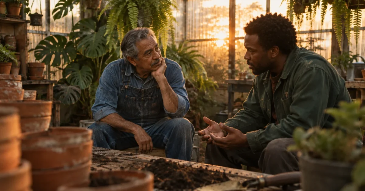 Two men sit and talk intently inside a plant-filled greenhouse during a warm sunset.