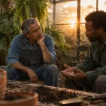 Two men sit and talk intently inside a plant-filled greenhouse during a warm sunset.