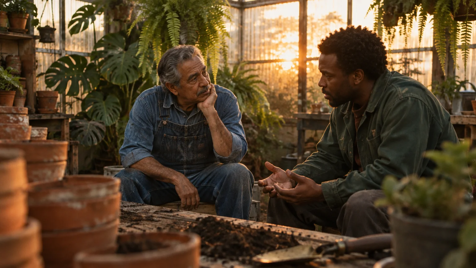 Two men sit and talk intently inside a plant-filled greenhouse during a warm sunset.