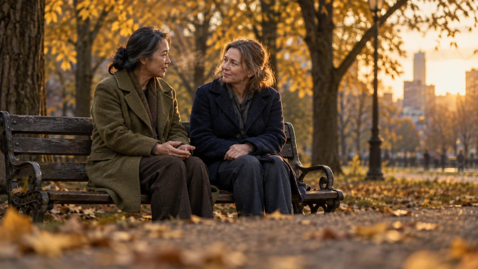 Two women in warm coats sit talking on a wooden park bench surrounded by fallen autumn leaves at sunset.