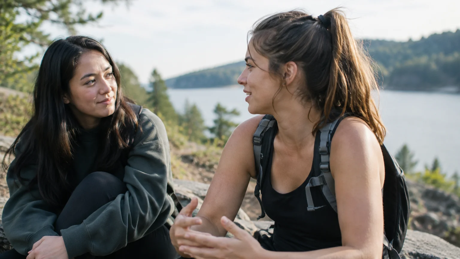 Two women sitting on rocks outdoors by a lake, talking during a hiking trip.
