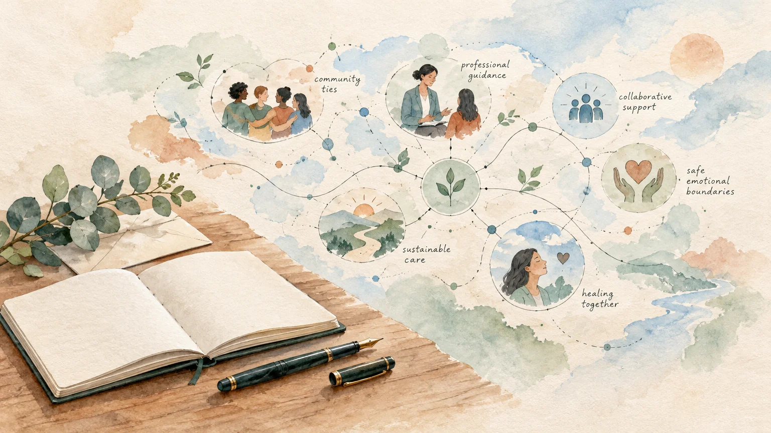 Watercolor illustration of a desk with an open notebook, pen, and mind map showing circles representing care and support.
