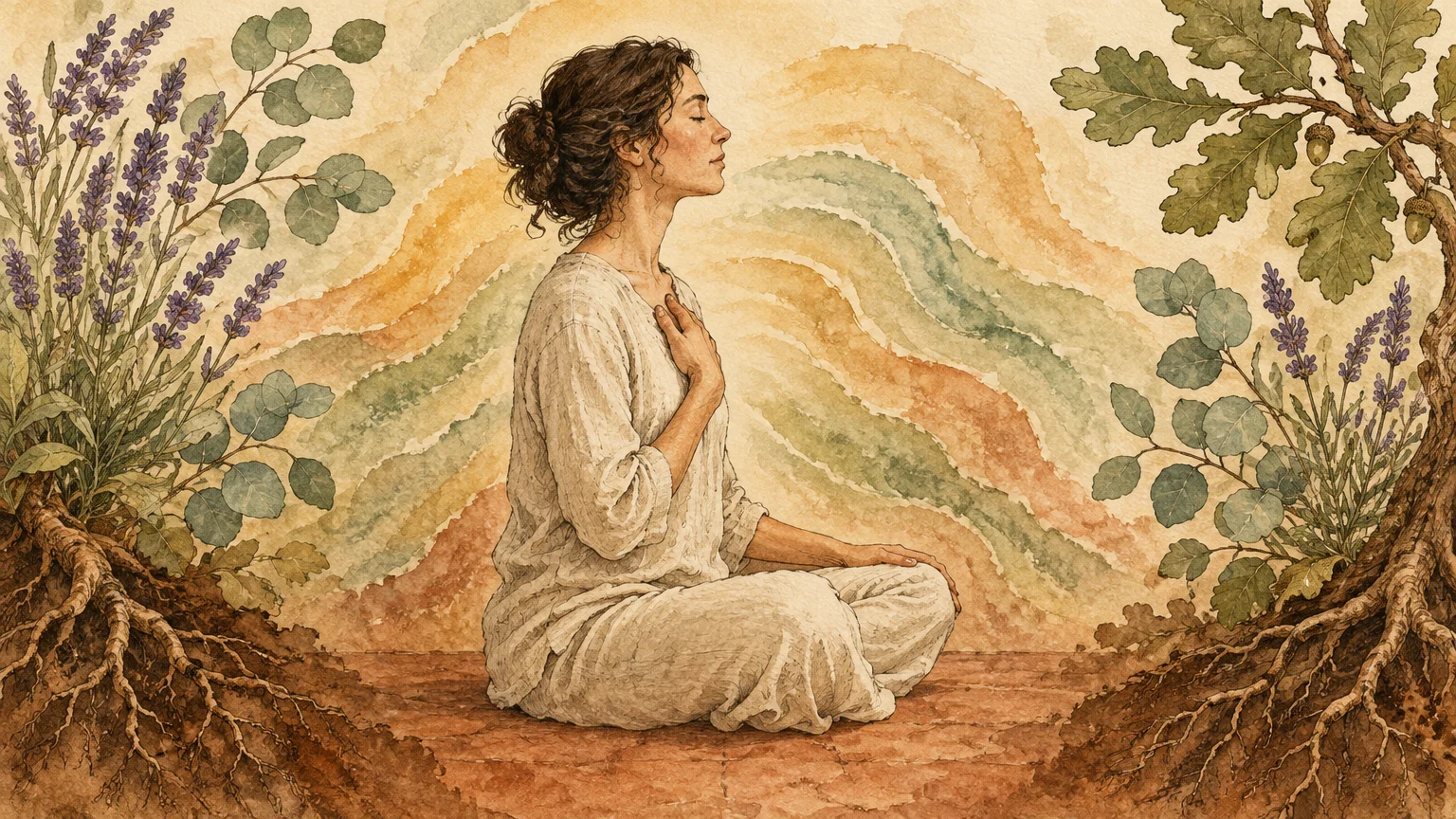 Illustration of a woman meditating cross-legged with one hand on her chest, flanked by rooted plants and an oak tree.