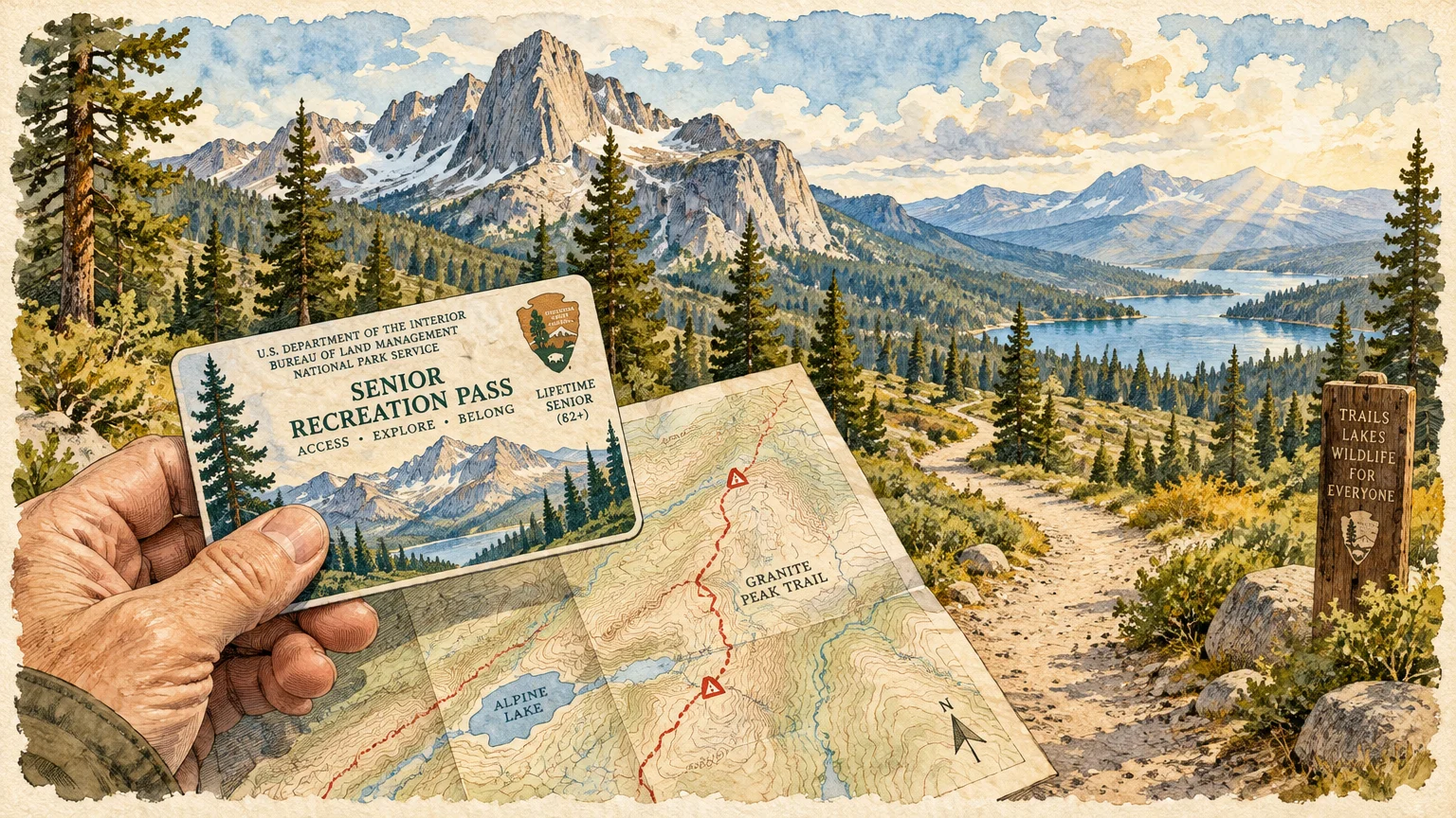 Illustration of a hand holding a senior recreation pass over a trail map against a mountain landscape.
