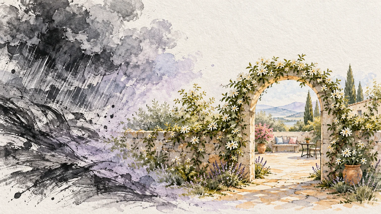 Split watercolor painting showing a dark storm on the left meeting a sunny stone courtyard arch with flowers on the right.
