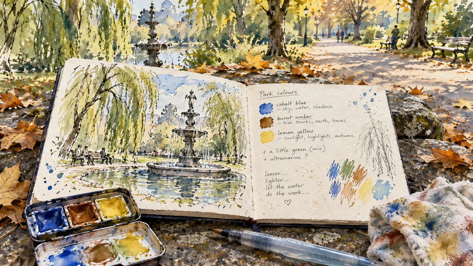Open sketchbook with a watercolor painting of a park fountain, resting outdoors beside small paint pans and a water brush.
