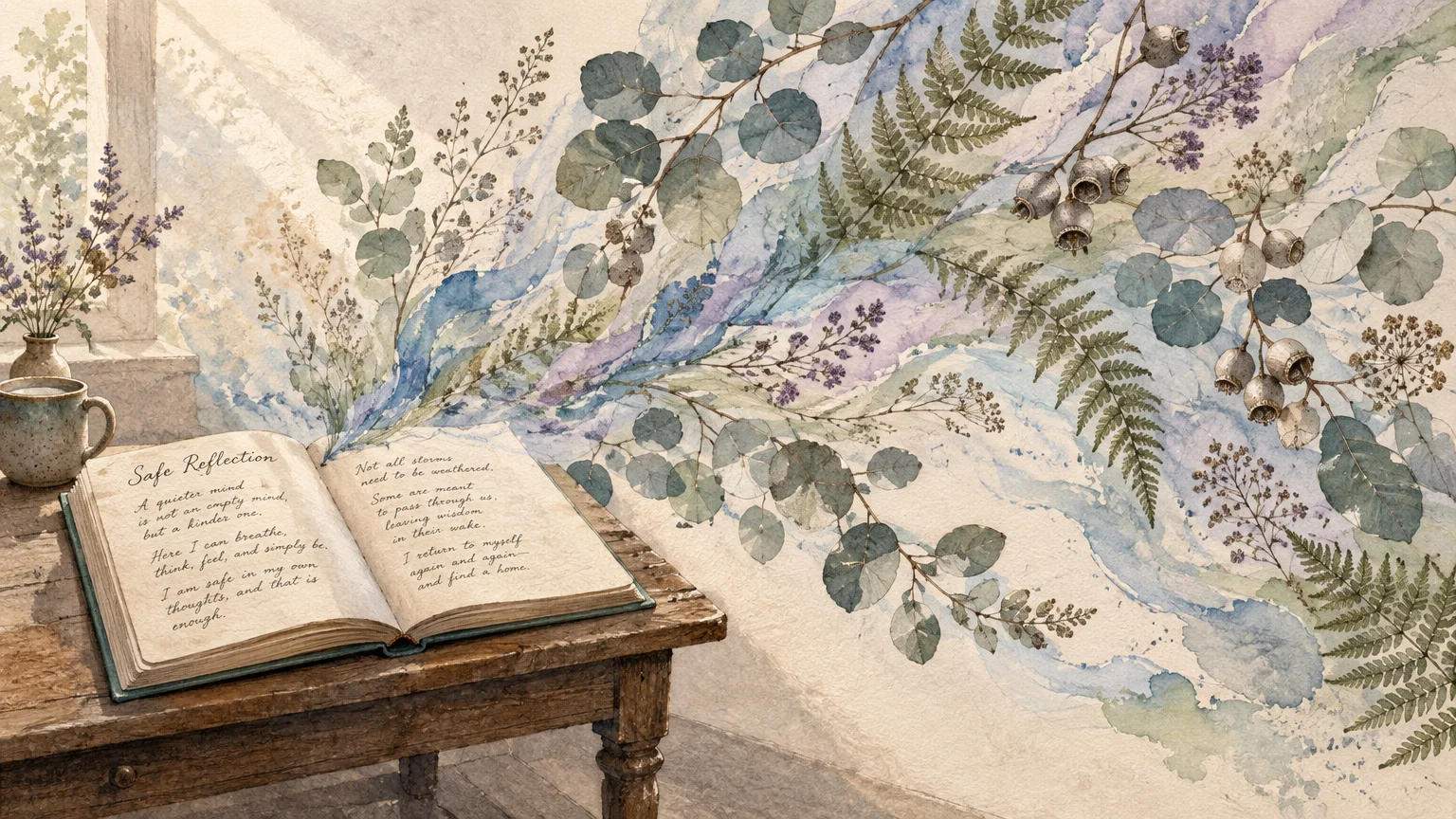 Open book on a wooden desk with watercolor ferns, eucalyptus leaves, and purple flowers drifting from the pages.