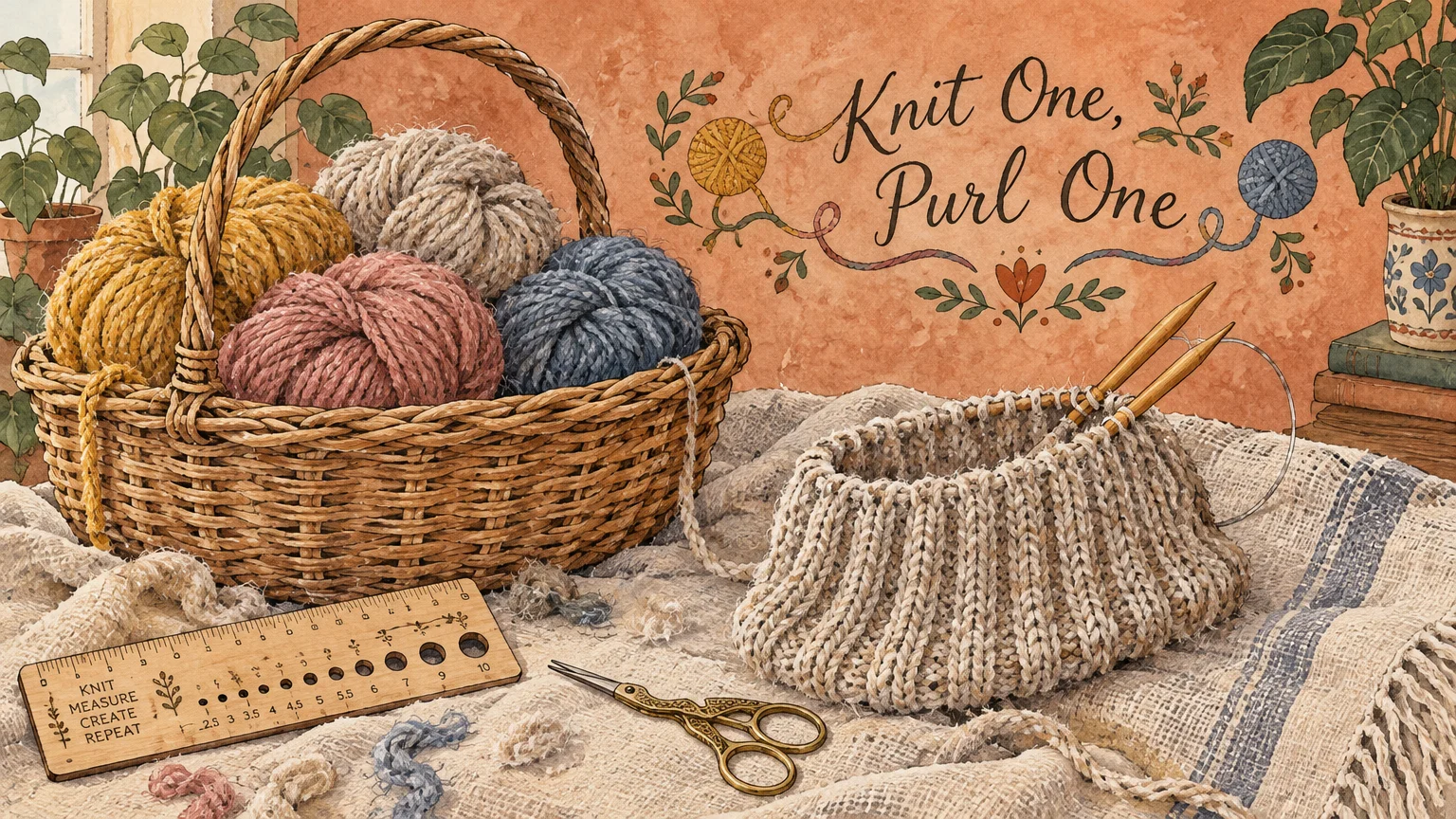 Illustration of a basket of yarn balls, knitting in progress on circular needles, scissors, and a wooden gauge ruler.
