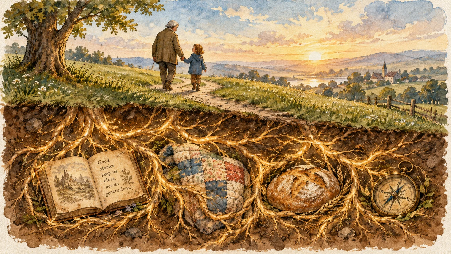 Illustration of a grandfather and child walking along a path above glowing underground tree roots cradling keepsakes.