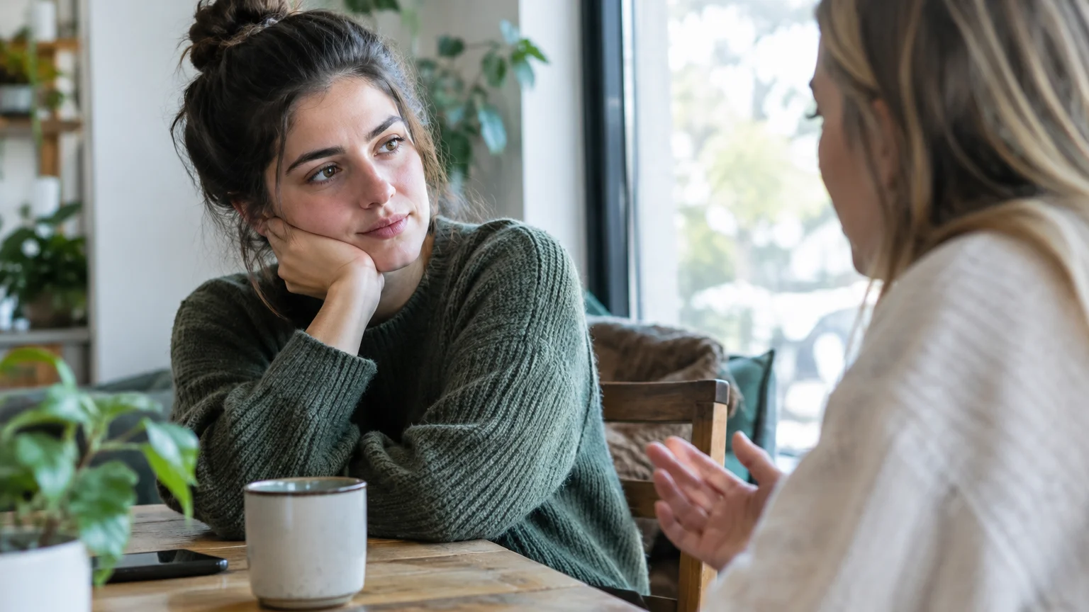 A woman in a green knit sweater rests her chin on her hand, listening to a companion speak across a cafe table.