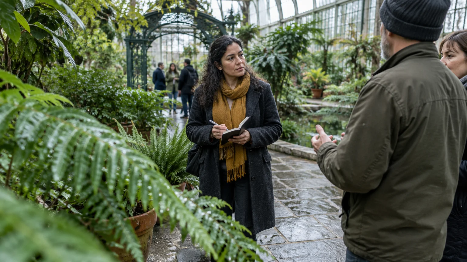 A woman in a coat holding a notebook listens to a man talking inside a glass greenhouse filled with plants.