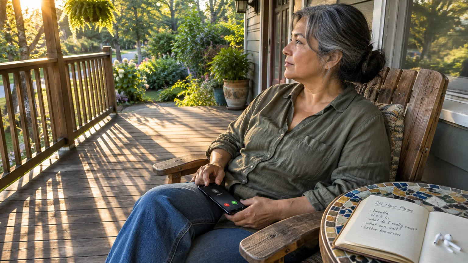 Woman sits on a wooden porch chair holding a smartphone beside an open notebook on a small mosaic table.