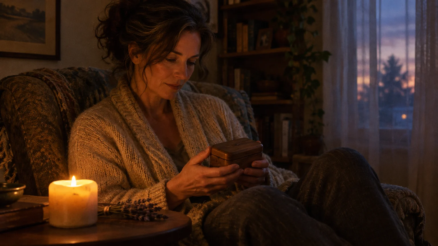 A woman sitting in an armchair holds a small wooden box beside a burning candle and window at twilight.
