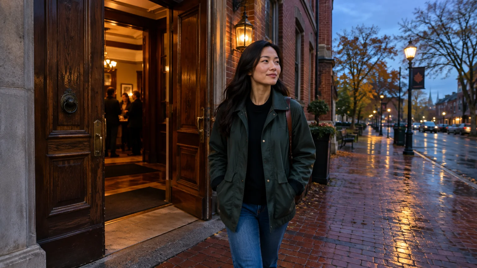 A smiling woman walks out of a brick building onto a wet city sidewalk lit by streetlamps in the evening.