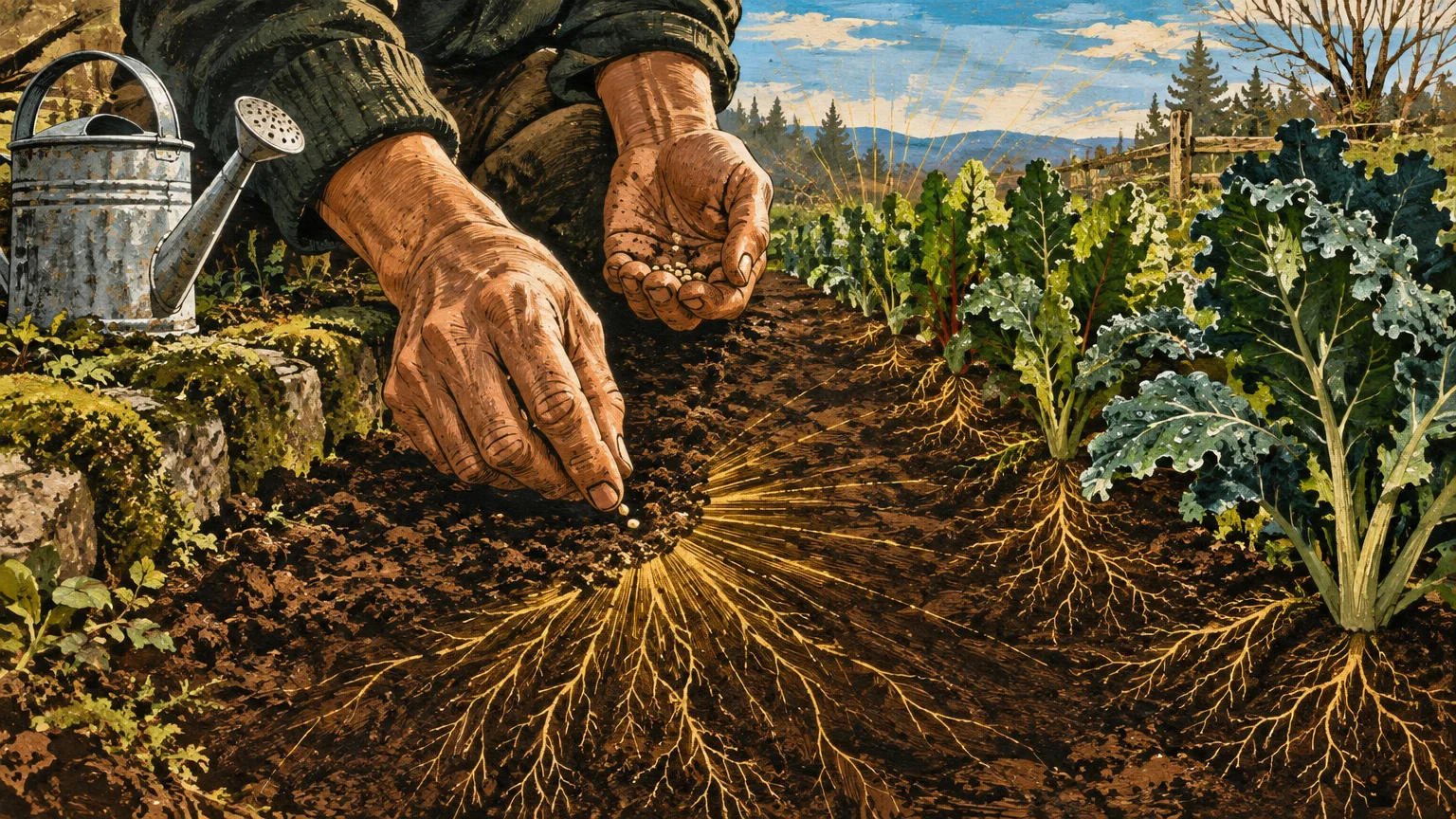 Illustration of a gardener planting seeds in soil beside leafy vegetables, with glowing root networks underneath.