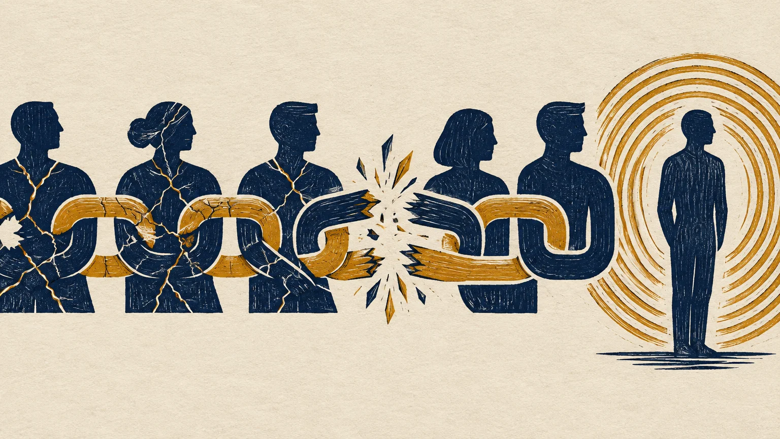 Illustration of dark silhouettes linked by a shattering chain, beside a solitary figure inside radiating gold circles.