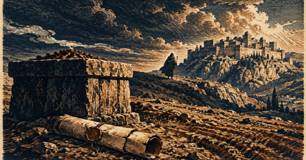 Woodcut engraving of a robed traveler, a stone altar, and a sealed scroll overlooking a walled ancient city.