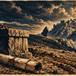 Woodcut engraving of a robed traveler, a stone altar, and a sealed scroll overlooking a walled ancient city.