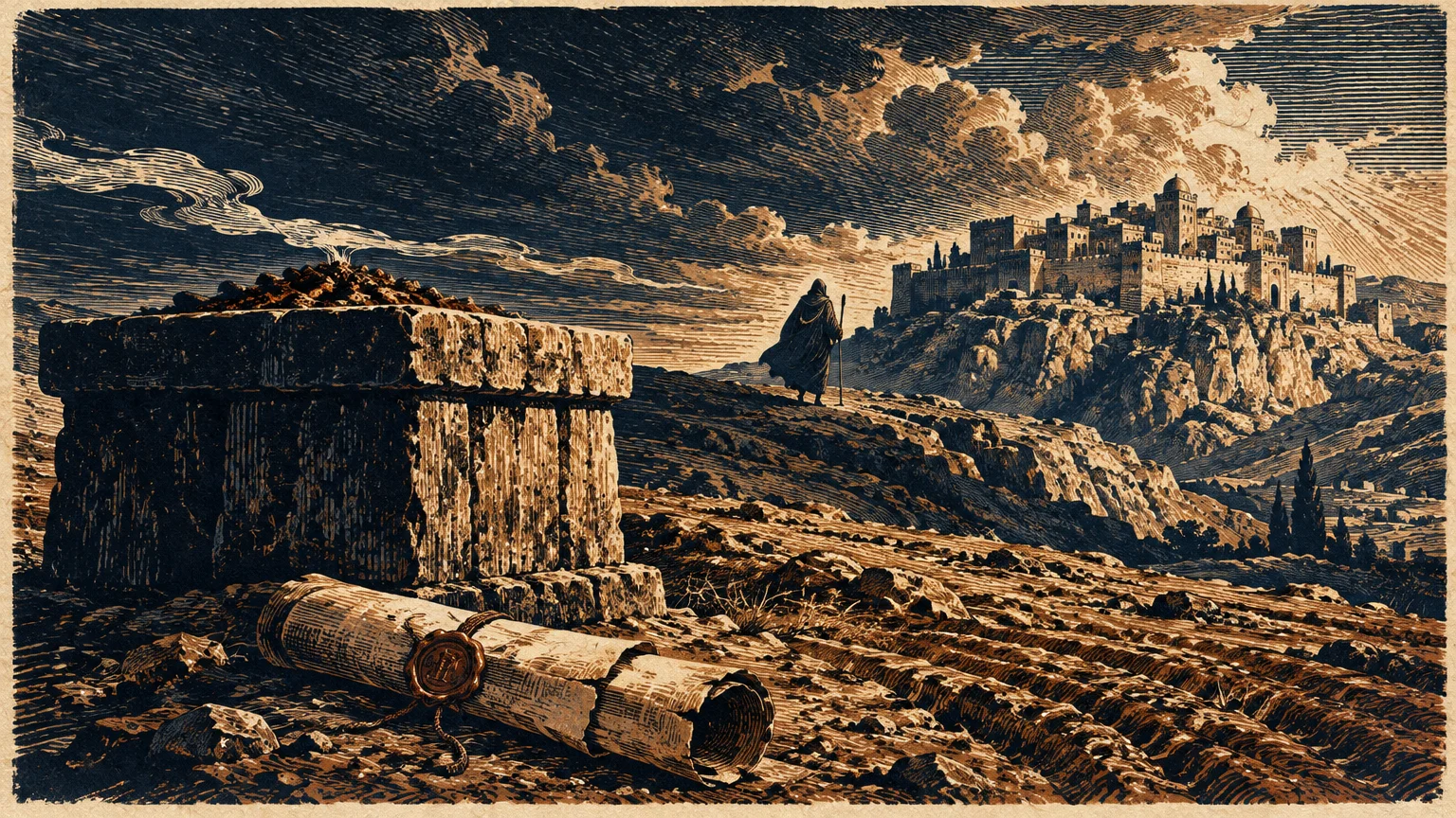 Woodcut engraving of a robed traveler, a stone altar, and a sealed scroll overlooking a walled ancient city.